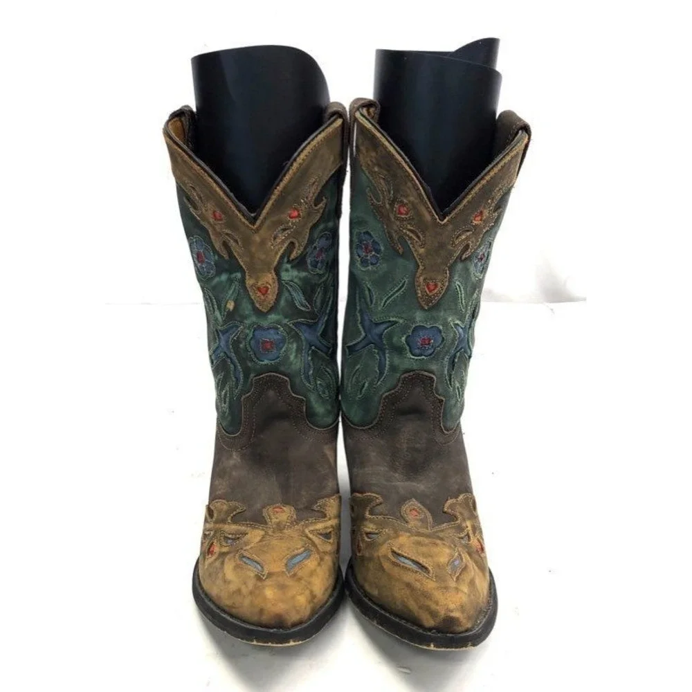 Dan Post Liberty Bird Brown Green Distressed Embroiderd Western Cowboy Boot 5.5Y